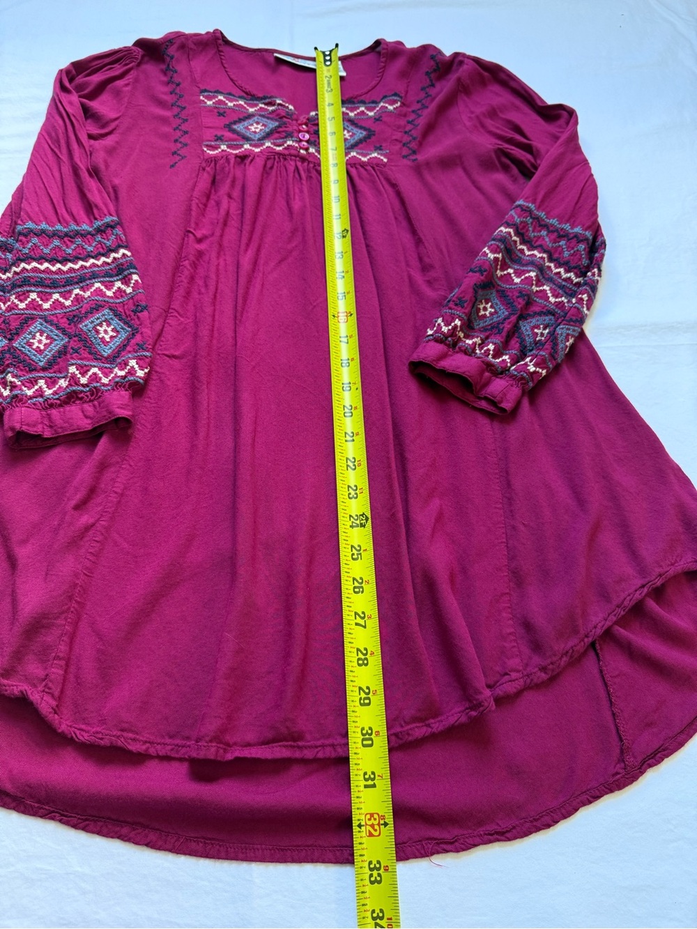 Embroidered Split-Neck Peasant Tunic - Raspberry - Picture 3 of 6